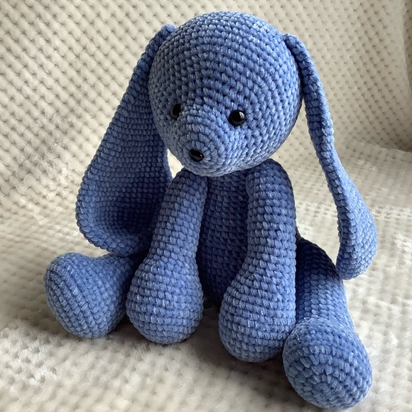 Cute Knitted Crocheted Plush Blue Bunny Rabbit Stuffed Animal Handmade Toy - Picture 3 of 10